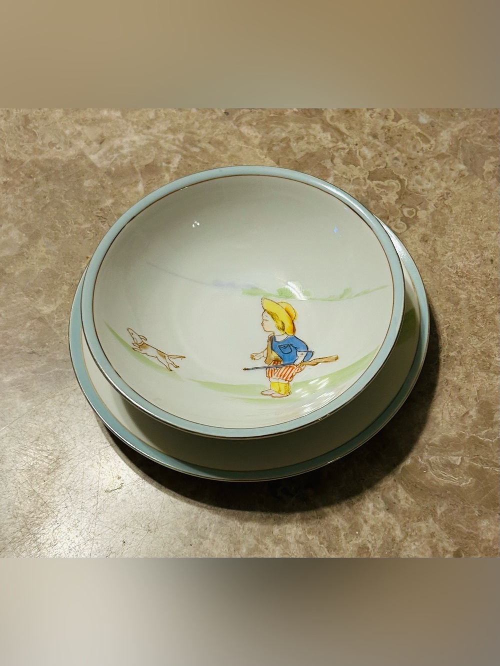 Antique Hand Painted Nippon Child’s Eating Set Boy/Dog Bowl/Plate 1891-1921 RARE